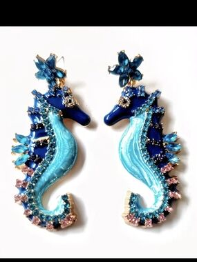 Blue Rhinestone Sea-Horse Earrings